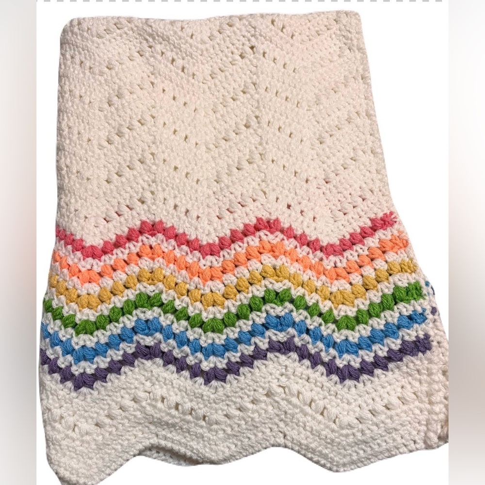 Baby afghan size 38” x 27” rainbow colors with white EUC handmade